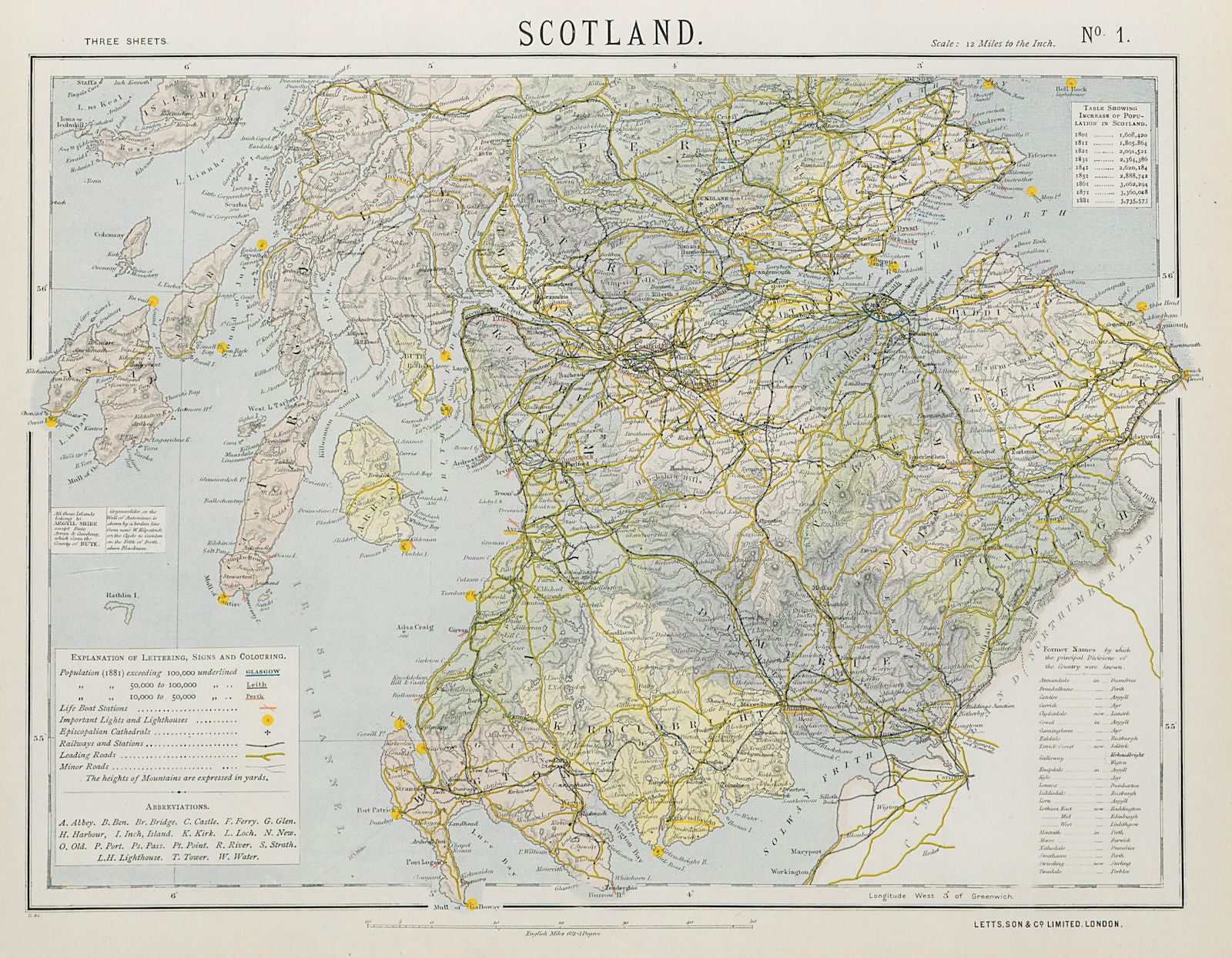 SCOTLAND SOUTH. Railways lighthouses lifeboat stations. LETTS 1884 old map